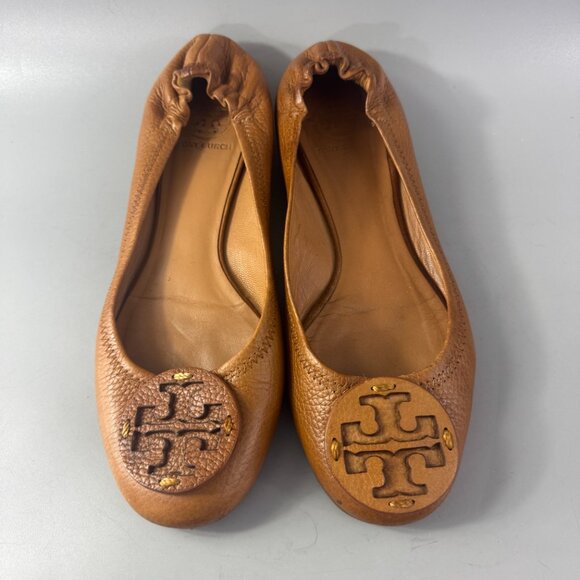 Tory Burch British Tan Leather Reva Flats Tumbled Leather Logo - Picture 4 of 13